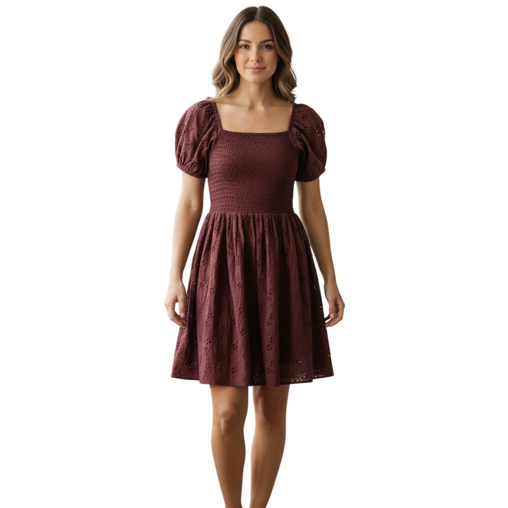 Jessa Kae Collection Burgundy Eyelet Puff Sleeve Midi Dress Small Romantic Boho